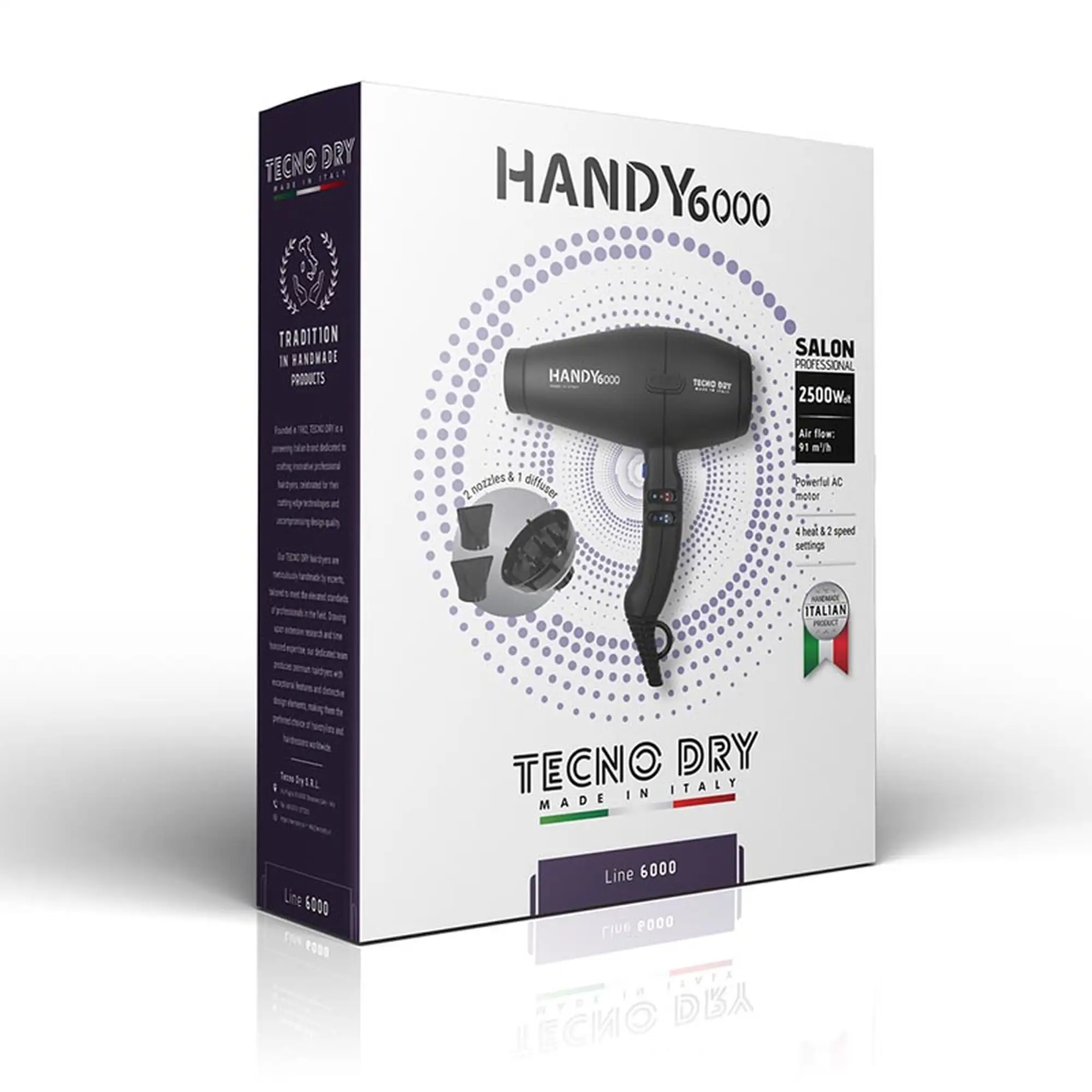 Tecno Dry Σεσουάρ Επαγγελματικό Μαύρο 2500w Handy 6000 G. 2 Στόμια + Φυσούνα